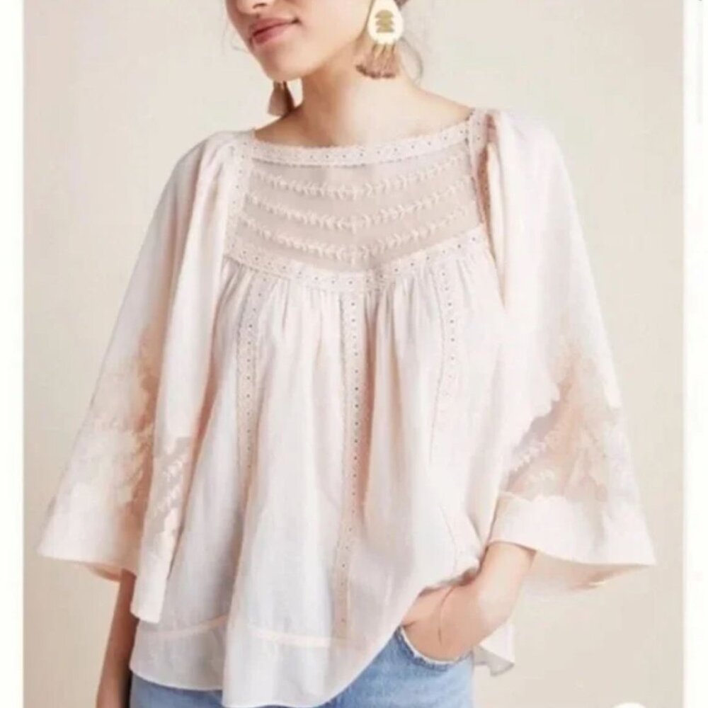 Anthropologie | Valentia Boho Embroidered Victorian Peasant Top Pale Pink | 6